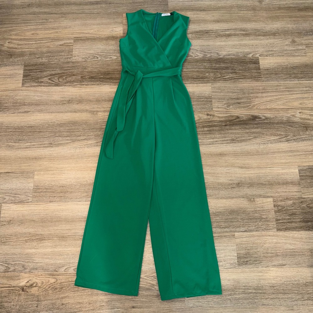 Talia‎ Benson Green Wide Leg Jumpsuit Made in Italy Sleeveless Wrap Belted Small